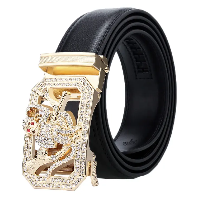 Cinturón de cuero con hebilla automática para hombre, con diamantes de imitación, diseño del zodiaco, cuero auténtico, informal, animales simbólicos