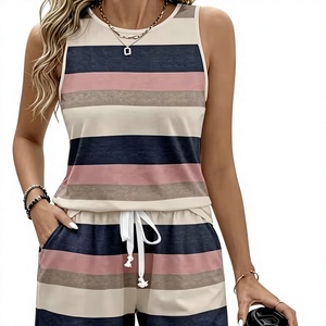 Women Black O-Neck Regular Fit Sporty Knitted Spandex Polyester Set with White Trim Floral Print Breathable Summer Wear - Product Image 6