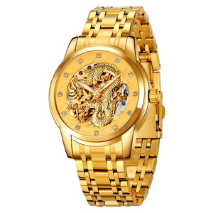 Relief gold <b>dragon</b> transparent mechanical watch with diamond-studded steel strap, water-resistant, for business men's wrists - Product Image 6