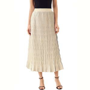 <span class=keywords><strong>Jupe</strong></span> midi élégante et décontractée pour femme, personnalisable, beige, plissée à lignes ondulées, taille haute, avec ceinture élastique smockée, en tissu <span class=keywords><strong>satin</strong></span>é, idéale pour les fêtes - Product Image 1