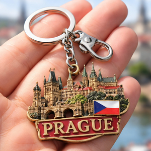 Custom Logo Prague Czech Zinc Alloy Coin Holder Keychain Lightweight Fashion Design with UV Printing Metal Keychains