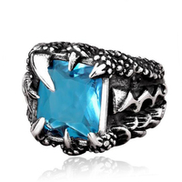 Bague unique pour homme en acier inoxydable avec incrustation de zircon bleu en forme de griffe de dragon, design de mode exquis pour les cadeaux de mariage et de fête