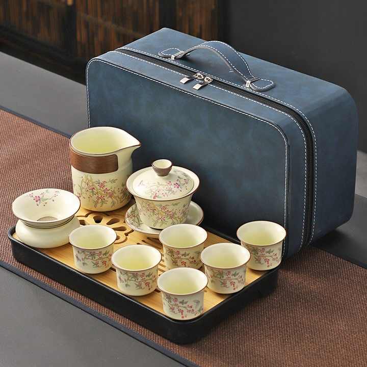 MSH Hand-Painted Wisteria Flower Design Ceramic Kung Fu Teapot Office Tea Infuser Gift Box Set