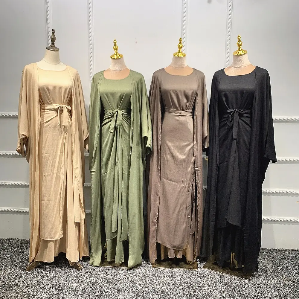 Abaya Wanita Muslim, Pakaian Kardigan Terbuka Kimono Warna Solid 3 Potong 2022
