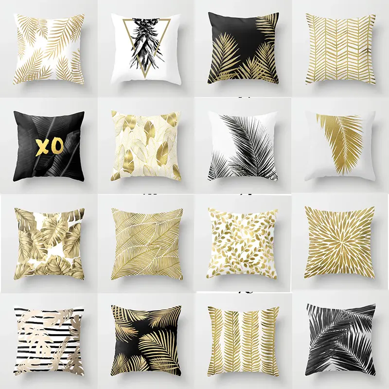 Hot Sale Leaf Golden White Black Pillow Case Zippered Polyester Peach Skin Pillow Cover For Sofa Living Room Cushion Cover