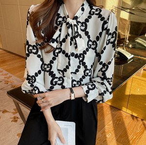 Kaus kantor pita desain bunga, baju blus leher sedang wanita - Product Image 5
