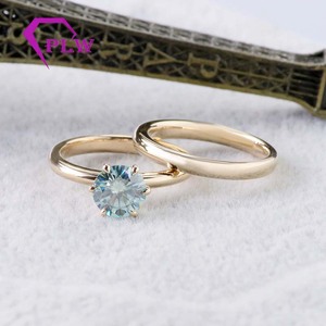 Anillo de diamantes Moissanite Provenza Oro amarillo macizo de 14 quilates 1CT Corte redondo Azul Conjunto de anillos de comprom - Product Image 6