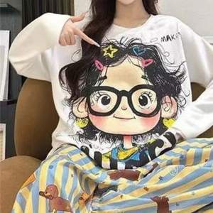 ชุดนอนผ้าฝ้ายพิมพ์ลายเมฆสำหรับผู้หญิ<span class=keywords><strong>ง</strong></span> น้ำหนัก 120 กรัม สไตล์การ์ตูน<span class=keywords><strong>มั</strong></span><span class=keywords><strong>ง</strong></span><span class=keywords><strong>ง</strong></span>ะ สไตล์ญี่ปุ่น ชุดแขนยาวสำหรับเด็กสาว-เหมาะสำหรับการสวมใส่ - Product Image 4