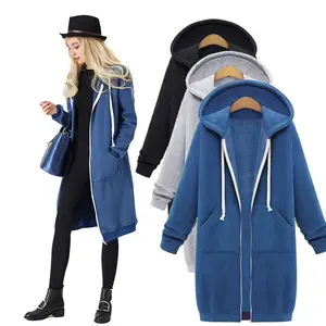 FuYu In Stock Women's Long Hoodies Tunic Winter Fleece Jackets Knitted Casual Sweatshirt Zip Up Hoodies