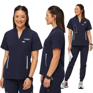 폴리 에스테르 레이온 스판덱스 의료 v 목 포켓 주최자 간호사 사용자 정의 패션 여성 의료 하이 퀄리티 작업복 의료 스크럽