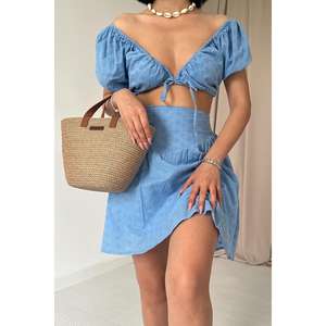Wholesale Blue Embroidered 2-Piece Shorts Set <b>Sexy</b> Club Style Above Knee <b>Mini</b> <b>Skirt</b> and Crop Top XL Size - Product Image 2