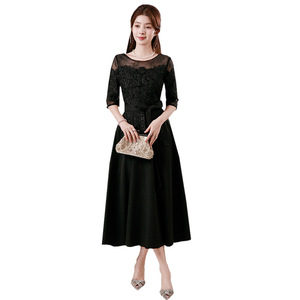 Robe de soirée rétro coréenne en dentelle noire, longueur midi, cintrée, pour banquets formels - Product Image 4
