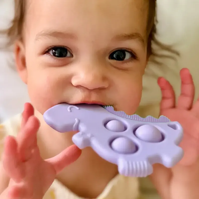 Mainan Gigit kunyah dinosaurus bayi silikon lunak bebas BPA untuk bayi tumbuh gigi mainan sensorik bayi semua dalam satu