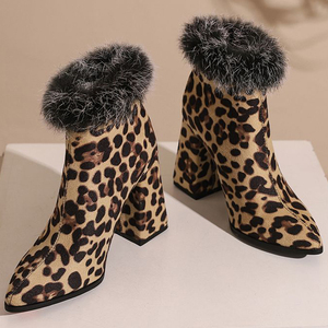 Large Size 48 Women's High Chunky Heels Ankles Boots Big Feet Wide Fit Top Fur Short Booties Leopard Print <b>Shoes</b> - Product Image 5