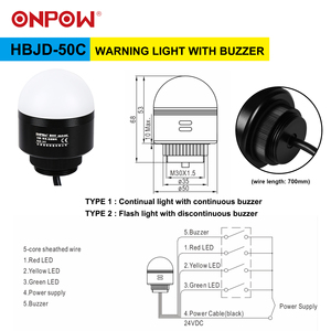Luce di avvertimento ONPOW con luce Flash lead e cicalino discontinuo HBJD-50C/SW/24V/Y - Product Image 2
