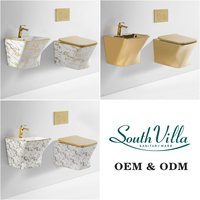 Ensemble WC mural doré en céramique, lavabo mural rectangulaire moderne, sanitaires de salle de bain plaqués or