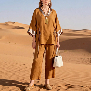 Ensemble deux pièces décontracté pour femme, style bohème, en lin et coton, col en V, manches courtes, coupe ample, couleur unie, respirant, pour l'été - Product Image 1
