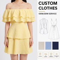Robe Jaune Été à Volants et Épaules Dénudées en Seersucker, Mini-Robe Étages pour Femme, Idéale pour les Vacances Décontractées