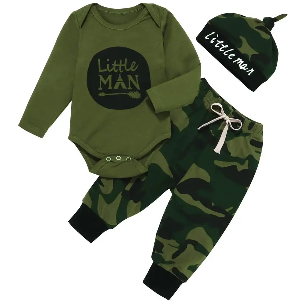 Ensemble de vêtements pour bébé garçon de 0 à 12 mois, tenue pour bébé, barboteuse à manches longues, haut et pantalon, chapeau, 3 pièces