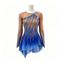 Robe de patinage artistique bleu royal dégradé pour performance scénique, dos ouvert en maille, strass, jupe asymétrique pour filles et enfants