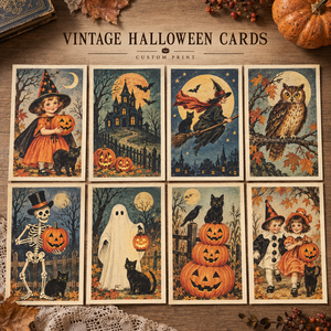 Cartes de vœux vintage pour Halloween, texture papier vieilli, sorcière, fantôme, squelette, cartes de vœux « Trick or Treat » pour fête d'Halloween et cadeaux - Product Image 1