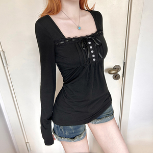 Women's Breathable Autumn Solid Color T-shirt Ruffle <b>Tie</b>-Up Vintage Sweet Square Neck Slim Fit Long Sleeve Blouse - Product Image 2