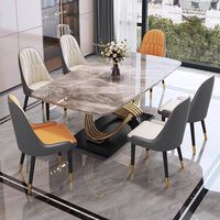 Table à manger de luxe en or avec plateau en marbre et pieds en métal, 6 places, moderne, rectangulaire, ensemble table et chaises de salle à manger