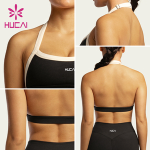 ODM HUCAI Custom 75%Nylon 25%Spandex High Quality Adjustable Contrast White Stripe Halter Neck Backless Sports Bra - Product Image 2