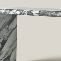 Breccia Grey Vein Marmor Esstisch Organische Längliche Eierförmige Platte Asymmetrischer Versetzter Doppelrundblock-Sockel Dinner-Tisch