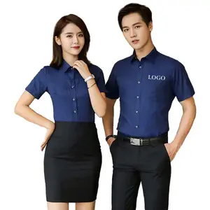 High End Custom Hotel Kantoor Werk Uniform Shirts Polyester Katoenen Shirt Korte Vlakte Mannen Vrouwen Dress Shirt