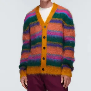 Logo personalizzato nuovo Design con bottoni maglione Cardigan da uomo in Mohair a maniche lunghe in maglia Jacquard multicolore con scollo a v