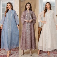 Robe longue musulmane de luxe 2026 Dubaï, imprimé feuilles multicolores, col en V, manches cloche avec sequins argentés, Abaya modeste