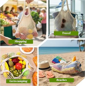 Reusable Cotton Mesh Produce Bags, Beige Washable Grocery <b>Net</b> Tote Bags with Handles, Eco Friendly Organizer - Product Image 2