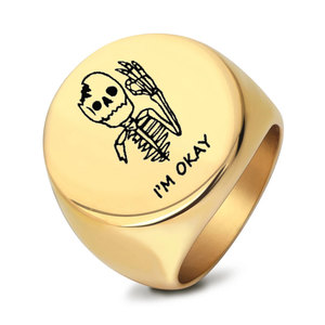 Anillo Esqueleto de 22MM, Acero Dorado Pulido, Grabado Láser 'I'M OKAY', Anillo de Moda para Hombre, Regalo - Product Image 1