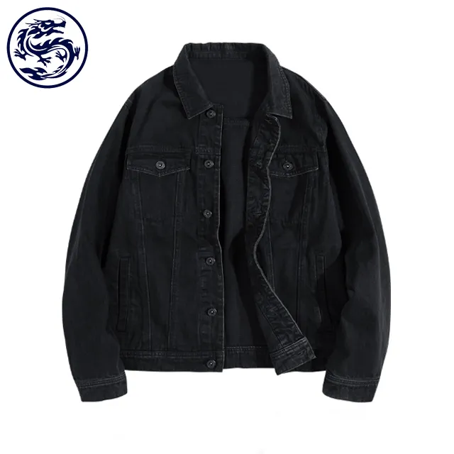 Ücretsiz örnek özelleştirmek fabrika fiyat özel Logo yüksek kalite tamir siyah denim ceketler erkek kot ceket OEM