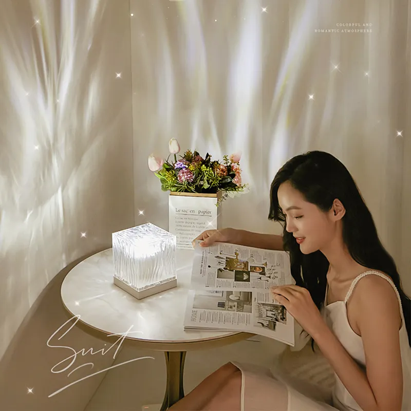 Square LED Crystal Dynamic water ripple light Decorations USB charge touch light Adjustable Romantic Atmosphere table desk lamp