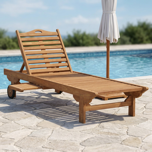 Tumbona moderna con marco de madera maciza de teca con color natural, incluye cojín a prueba de Sol para uso en almacén de Hotel Villa al aire libre - Product Image 1