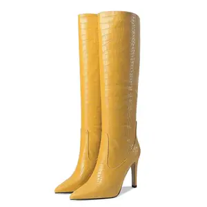 防水黄色批发奢华性感女款高跟鞋及膝加大码真皮长靴女士尖头大腿高靴