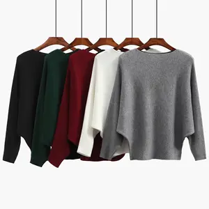 Autumn And Winter Pullover Solid Color Crew Neck Knitwear Loose Bat Sleeve Casual Sweater For Women