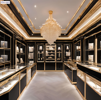 Comptoir de présentation de bijoux rectangulaire de luxe personnalisé en verre incurvé avec finition dorée Maxsen, éclairage LED, vitrine de magasin durable