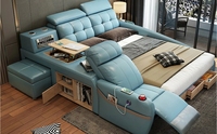 Lit King Size Royal Européen Moderne de Luxe avec Rangement, Lumières LED et Massage, Ensemble de Chambre Blanc en Cuir Véritable