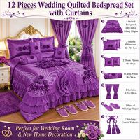 Ensemble de literie de luxe 12 pièces matelassé pour mariage avec rideaux, oreillers décoratifs, pantoufles – Ensemble complet de chambre nuptiale en gros