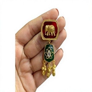 Beautiful Premium Gold Plated Alloy Pendant <b>Earrings</b> With <b>Red</b> Enamel Elephant And Green Lotus Design For Women Ethnic Jewelry - Product Image 2