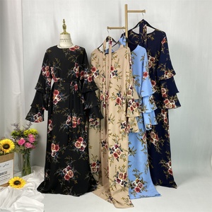 Big Discount Dress Fashion Three Layers Tiered Sleeves With Colorful Flowers Print Back Zipper Muslim Women <b>Abaya</b> Dress 9071# - Product Image 1