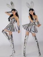 Robe courte en cuir argenté sexy avec strass pour femmes, accessoire de tête, vêtements de performance réfléchissants, danse en boîte de nuit, fête, scène