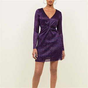 Slim Fit largo mangas púrpura brillo giro frente Mini vestido - Product Image 2
