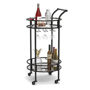 Metal and Glass Round <b>Wheel</b> Bar Trolley 2 Tier Rolling Bar with Bottle Compartment and Glass Holders Mid Century Serving <b>Table</b> - Product Image 1