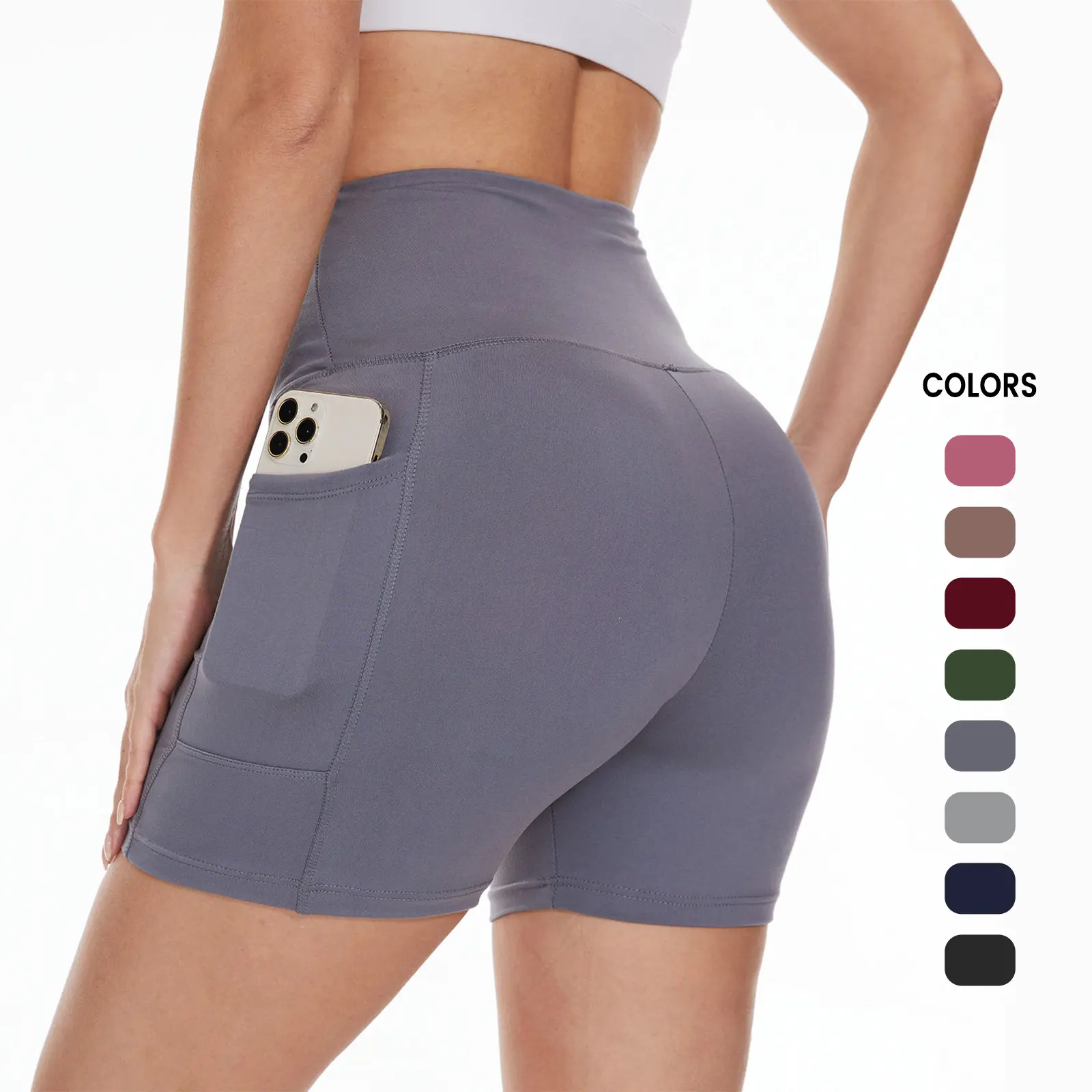 Fábrica de moda Fabricante Ciclismo Fitness Shorts Sexy Peach Hip Elástico Bolsillo lateral Sexy Ropa deportiva Mujeres Leggings personalizados