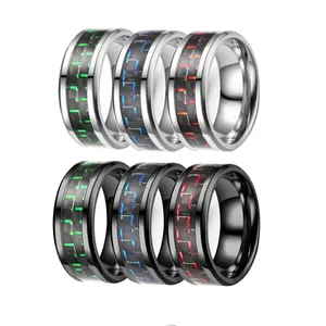 Classic Polished Bevel Edge Inlay Carbon Fiber Comfort Fit Engagement Ring Hot Sale Custom Engrave Logo Wedding Band