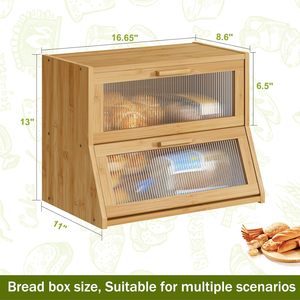 Double Layer Bamboo Wood Bread Box Large Capacity <b>Kitchen</b> Countertop Storage With Acrylic Door Panel - Product Image 4